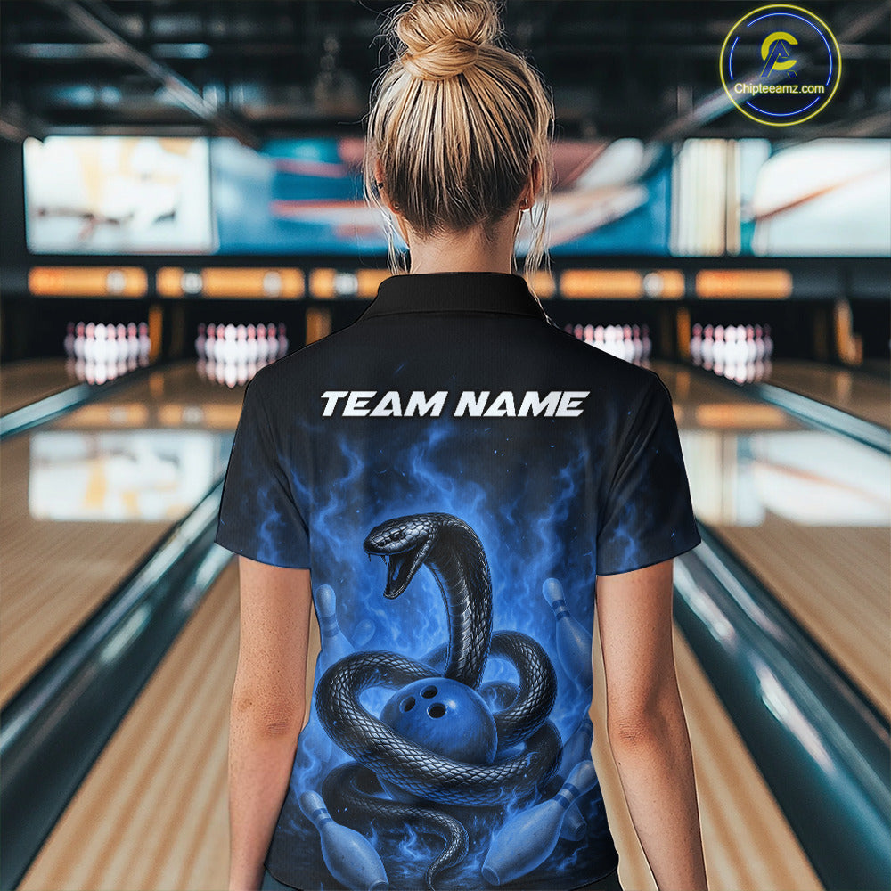 Custom Blue Flame Black Mamba Snake Bowling Women Polo Shirt, Snake Bowling Team Jerseys IPHW10151