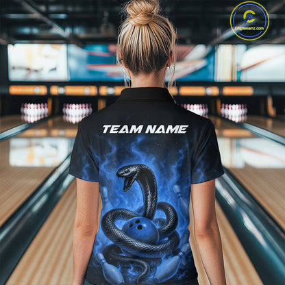 Custom Blue Flame Black Mamba Snake Bowling Women Polo Shirt, Snake Bowling Team Jerseys IPHW10151