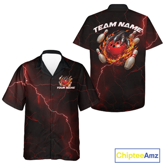 Black and red button-up bowling shirt shown from the front and back, displaying a dragon claw clutching a flaming bowling ball with pins and fantasy lightning accents.