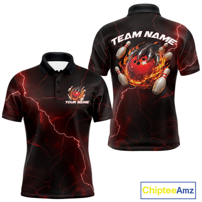 Front and back black and red mens bowling polo featuring a dragon claw gripping a flaming bowling ball with scattered bowling pins.