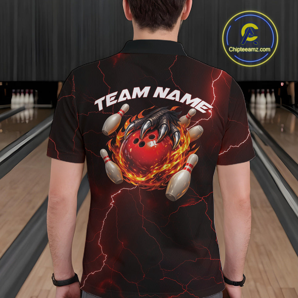 Back view of a black and red mens bowling polo showcasing a dragon claw holding a flaming bowling ball with pin accents.