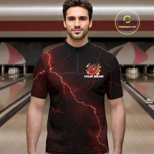 Load image into Gallery viewer, Custom Black And Red Lightning Montrous Flame Bowling Tournament Men Quarter-Zip Team Shirt IPHW11071