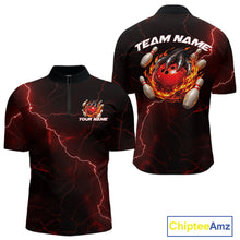 Load image into Gallery viewer, Custom Black And Red Lightning Montrous Flame Bowling Tournament Men Quarter-Zip Team Shirt IPHW11071