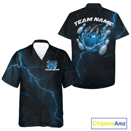 Front and back mockup of a black and blue button-up bowling shirt with dragon claw artwork holding a flaming bowling ball, bowling pins, and dramatic lightning graphics.