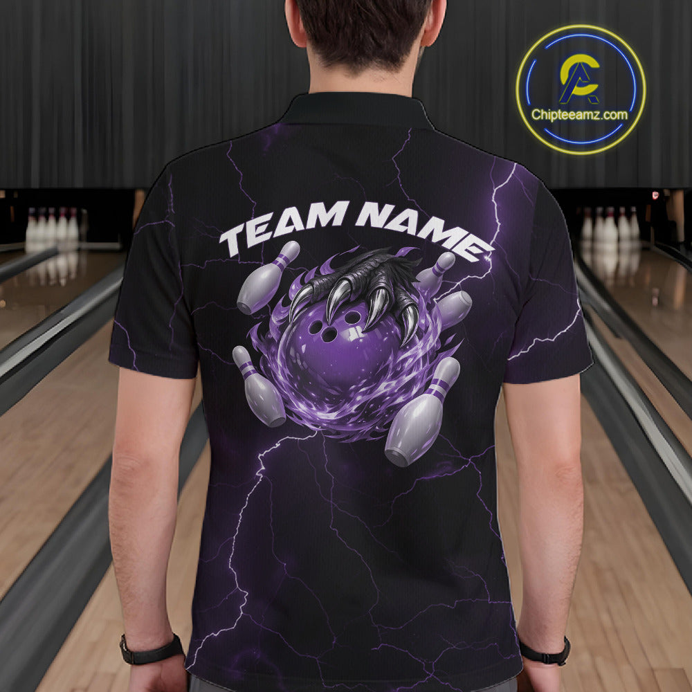 Back view of a black and purple mens bowling polo showcasing a dragon claw holding a flaming bowling ball.