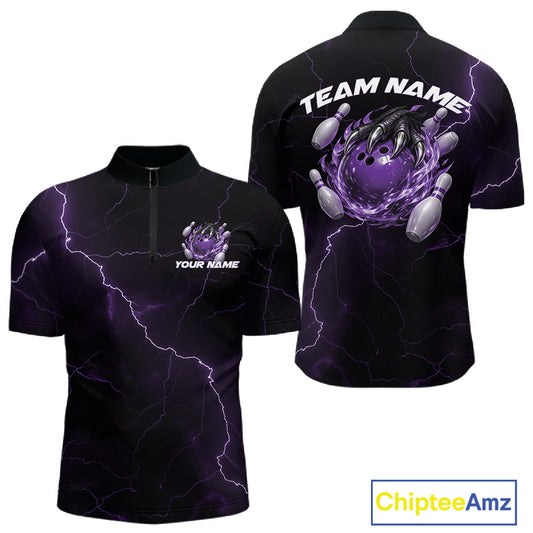 Front and back black and purple mens bowling quarter-zip featuring a dragon claw gripping a flaming bowling ball with lightning fantasy accents.