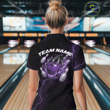 Load image into Gallery viewer, Custom Black And Purple Lightning Montrous Flame Bowling Tournament Women Shirt IPHW11073