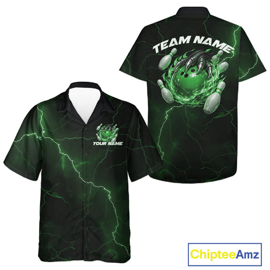 Front and back black and green button-up bowling shirt showcasing a dragon claw holding a flaming bowling ball with bowling pin graphics.