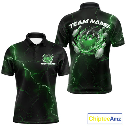 Front and back black and green mens bowling polo featuring a dragon claw gripping a flaming bowling ball with scattered bowling pins.