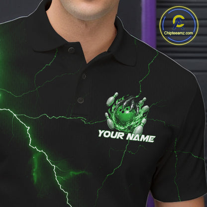 Left chest close-up of a black and green bowling polo featuring a dragon claw gripping a flaming bowling ball.