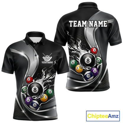 Front and back mockup of a mens black and silver billiard polo with metallic ribbon accents, dark honeycomb artwork, and a flaming 8-ball motif