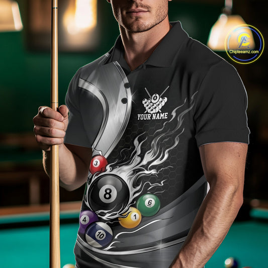 Front view of a male model in a black and silver billiard polo featuring metallic ribbons, a dark honeycomb background, and a flaming 8-ball design