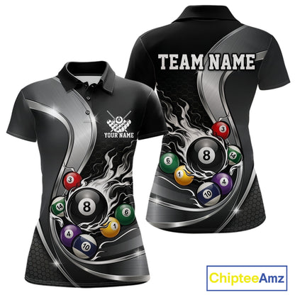Front and back mockup of a womens black and silver billiard polo featuring metallic ribbons, dark honeycomb graphics, and a flaming 8-ball with pool balls