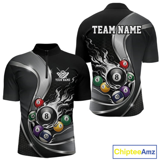 Front and back mockup of a mens black and silver billiard quarter zip with metallic ribbons, dark honeycomb graphics, and a flaming 8-ball