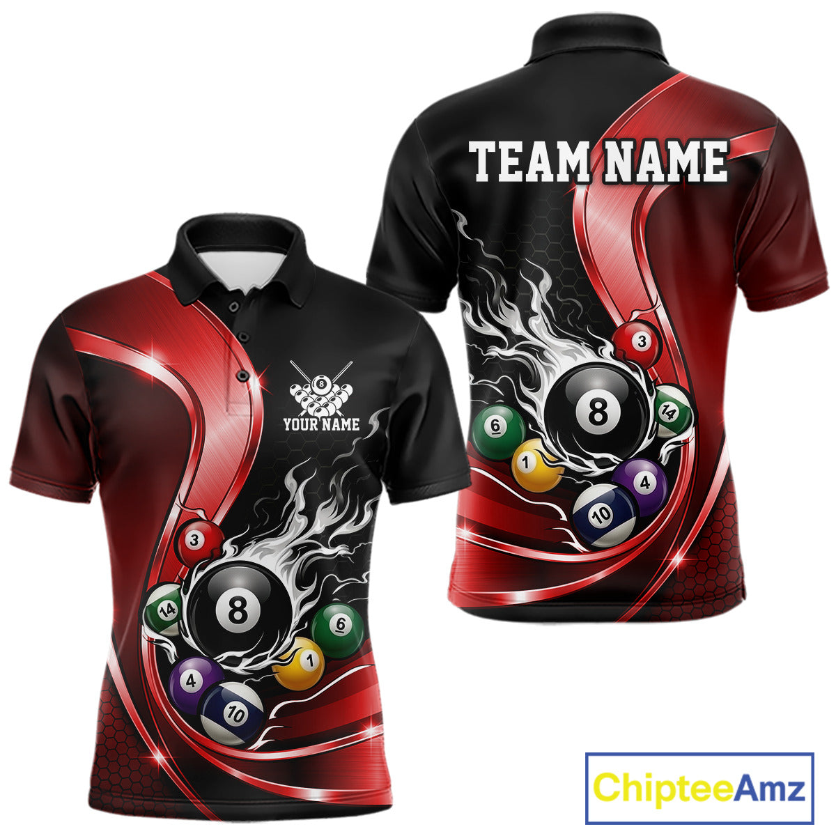 Mens black and red billiard polo mockup shown from front and back with metallic ribbon artwork, a dark honeycomb background, and a flaming 8-ball design