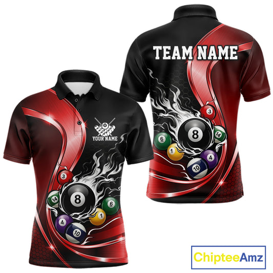 Mens black and red billiard polo mockup shown from front and back with metallic ribbon artwork, a dark honeycomb background, and a flaming 8-ball design