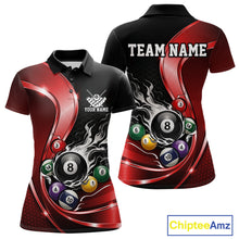 Load image into Gallery viewer, Front and back mockup of a womens black and red polo shirt featuring metallic ribbons, dark honeycomb graphics, and a flaming 8-ball