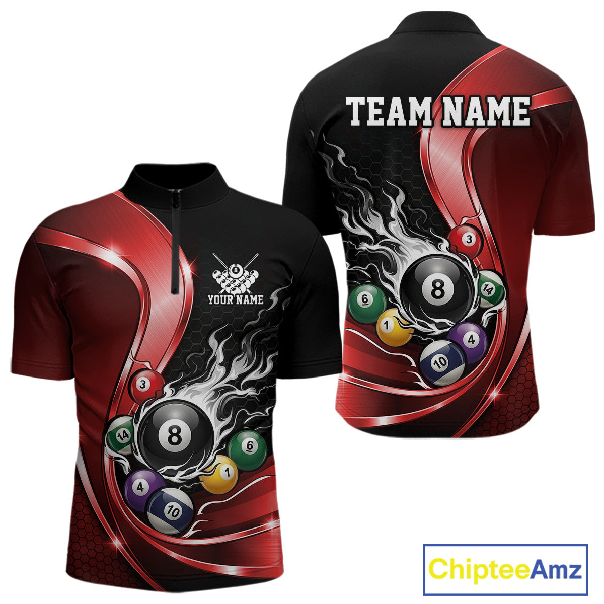 Front and back mockup of a mens black and red billiard quarter zip featuring metallic ribbons, dark honeycomb graphics, and a flaming 8-ball