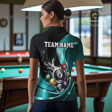 Load image into Gallery viewer, Back view of a female model wearing a black and blue billiard polo with metallic ribbon artwork, dark honeycomb graphics, and a flaming 8-ball