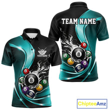 Load image into Gallery viewer, Front and back mockup of a mens black and blue billiard polo with metallic ribbon accents, dark honeycomb artwork, and a flaming 8-ball surrounded by pool ball