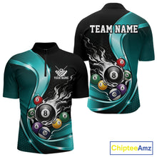 Load image into Gallery viewer, Front and back mockup of a mens black and blue billiard quarter zip with metallic ribbons, dark honeycomb graphics, and a flaming 8-ball with scattered pool balls