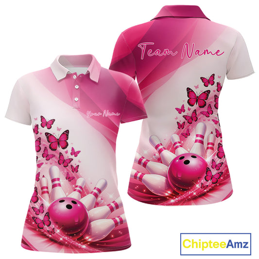 Front and back mockup of a womens white and pink bowling polo featuring butterfly artwork and colorful bowling graphics