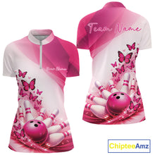 Load image into Gallery viewer, Front and back mockup of a womens white and pink bowling quarter zip featuring butterfly graphics and bowling-themed artwork