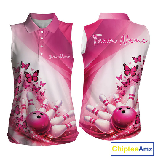 Front and back mockup of a womens white and pink sleeveless bowling shirt decorated with butterfly graphics and bowling artwork