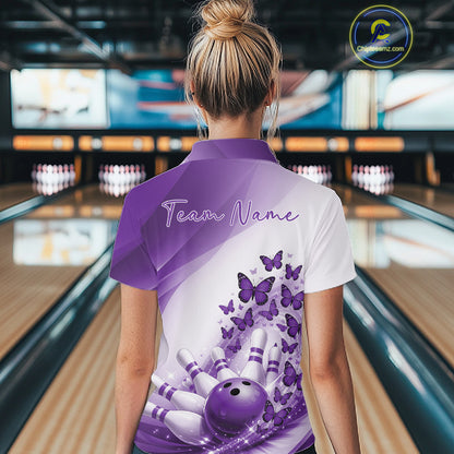 Back view of a female model in a white and purple bowling polo featuring butterfly artwork and bowling-themed graphics