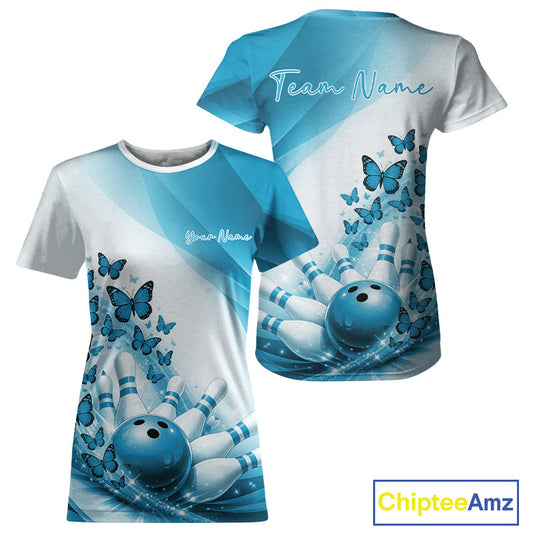 Front and back mockup of a womens white and blue crewneck bowling T-shirt with butterfly graphics and bowling artwork