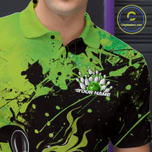 Load image into Gallery viewer, Custom Green Flame Bowling Men Polo Shirts, Splatter Bowling Team Tournament Shirt IPHW9934