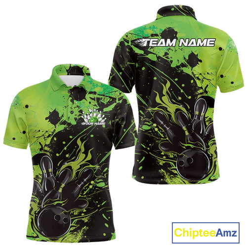 Custom Green Flame Bowling Men Polo Shirts, Splatter Bowling Team Tournament Shirt IPHW9934