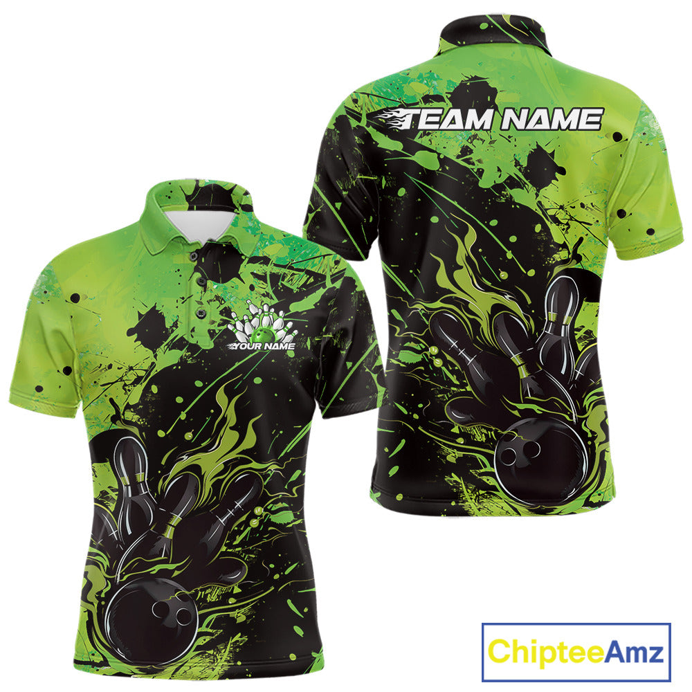 Custom Green Flame Bowling Men Polo Shirts, Splatter Bowling Team Tournament Shirt IPHW9934