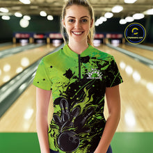 Load image into Gallery viewer, Custom Green Flame Bowling Women Quarter-Zip Shirt, Splatter Bowling Team Shirt IPHW9934