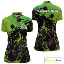 Load image into Gallery viewer, Custom Green Flame Bowling Women Quarter-Zip Shirt, Splatter Bowling Team Shirt IPHW9934
