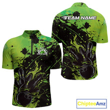 Load image into Gallery viewer, Custom Green Flame Bowling Men Quarter-Zip Shirts, Splatter Bowling Team Tournament Shirt IPHW9934