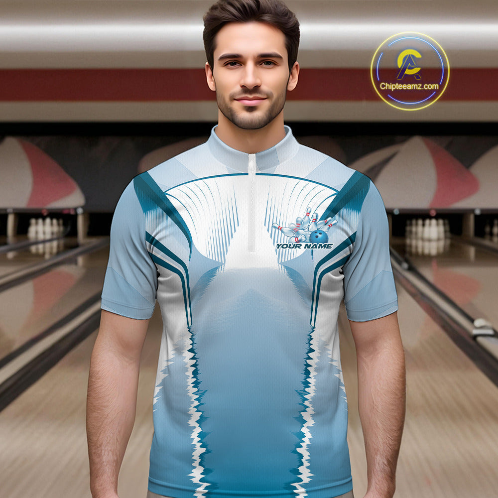Custom Blue Bowling Team Jerseys, Bowling Uniform Bowling League Quarter-Zip Shirts For Men IPHW9935