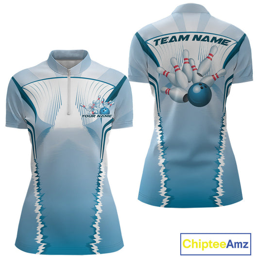 Custom Blue Bowling Team Jerseys, Bowling Uniform Bowling League Women Quarter-Zip Shirts IPHW9935