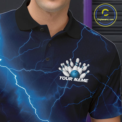 Close-up left chest graphic on a bowling polo featuring a blue cobra and bowling ball motif.