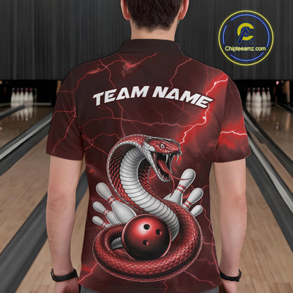 Back view of a mens bowling polo showcasing a red cobra wrapped around a bowling ball with scattered pins.