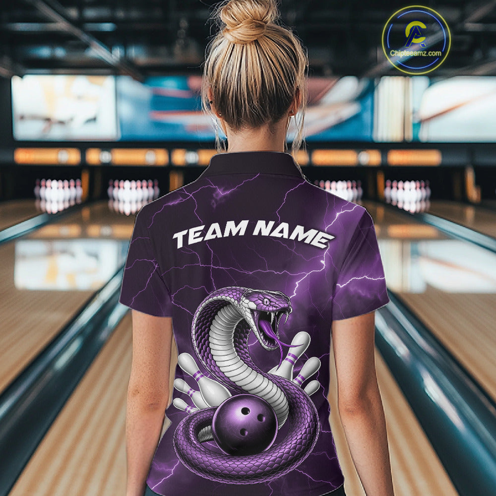 Back view of a womens bowling polo showcasing a purple cobra wrapped around a bowling ball with fantasy accents.