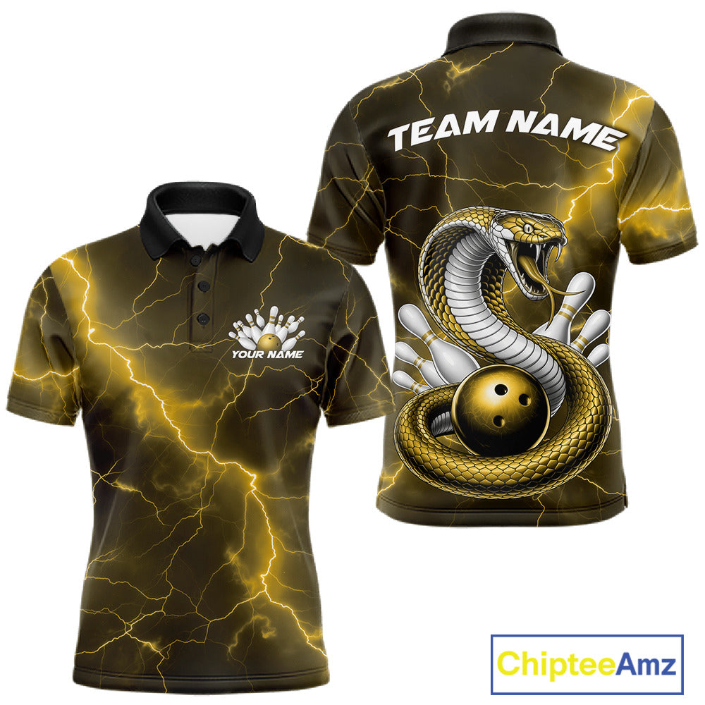 Front and back mens bowling polo featuring a yellow cobra snake coiled around a bowling ball with scattered bowling pins and fantasy lightning artwork.