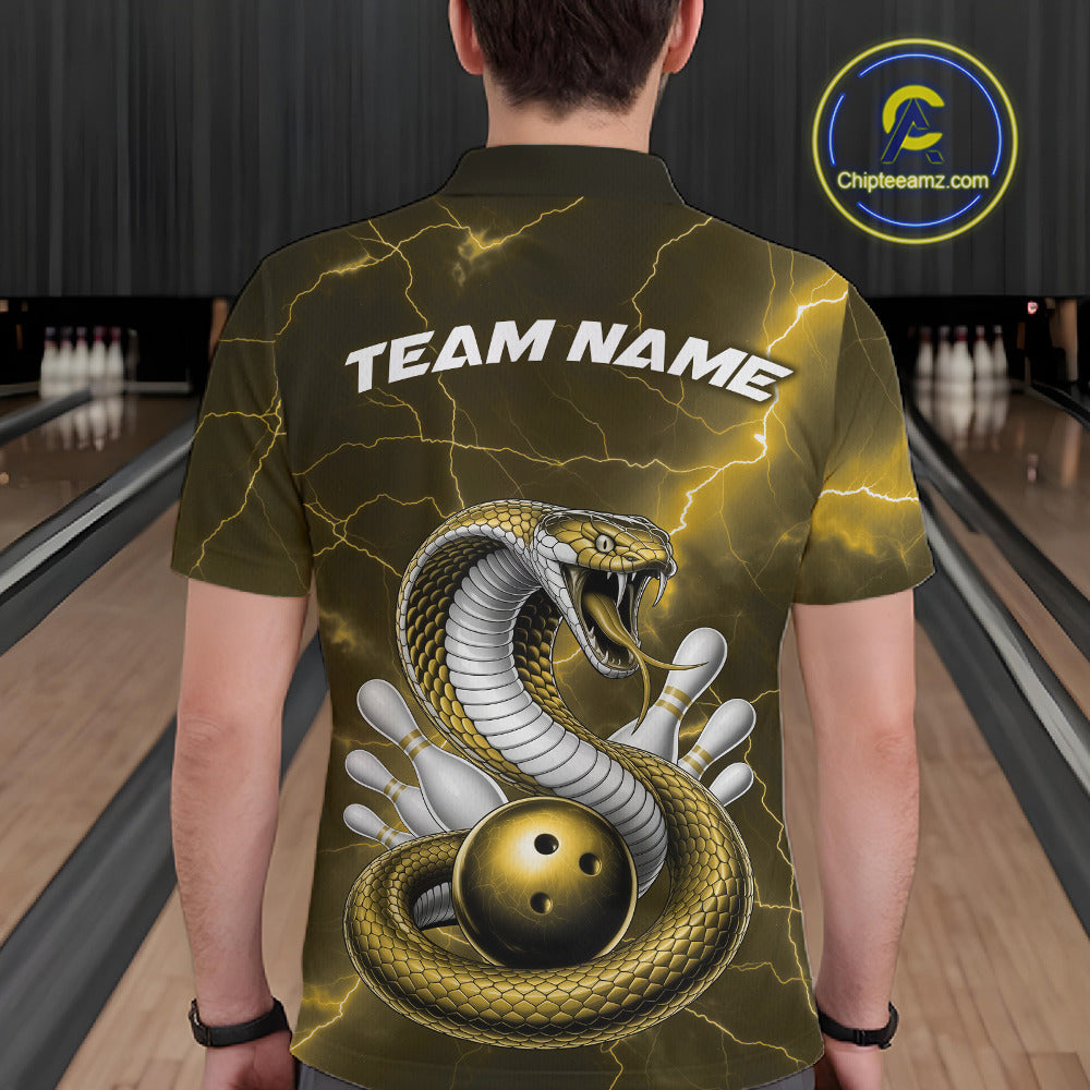 Back view of a mens bowling polo showcasing a yellow cobra wrapped around a bowling ball with scattered pins.