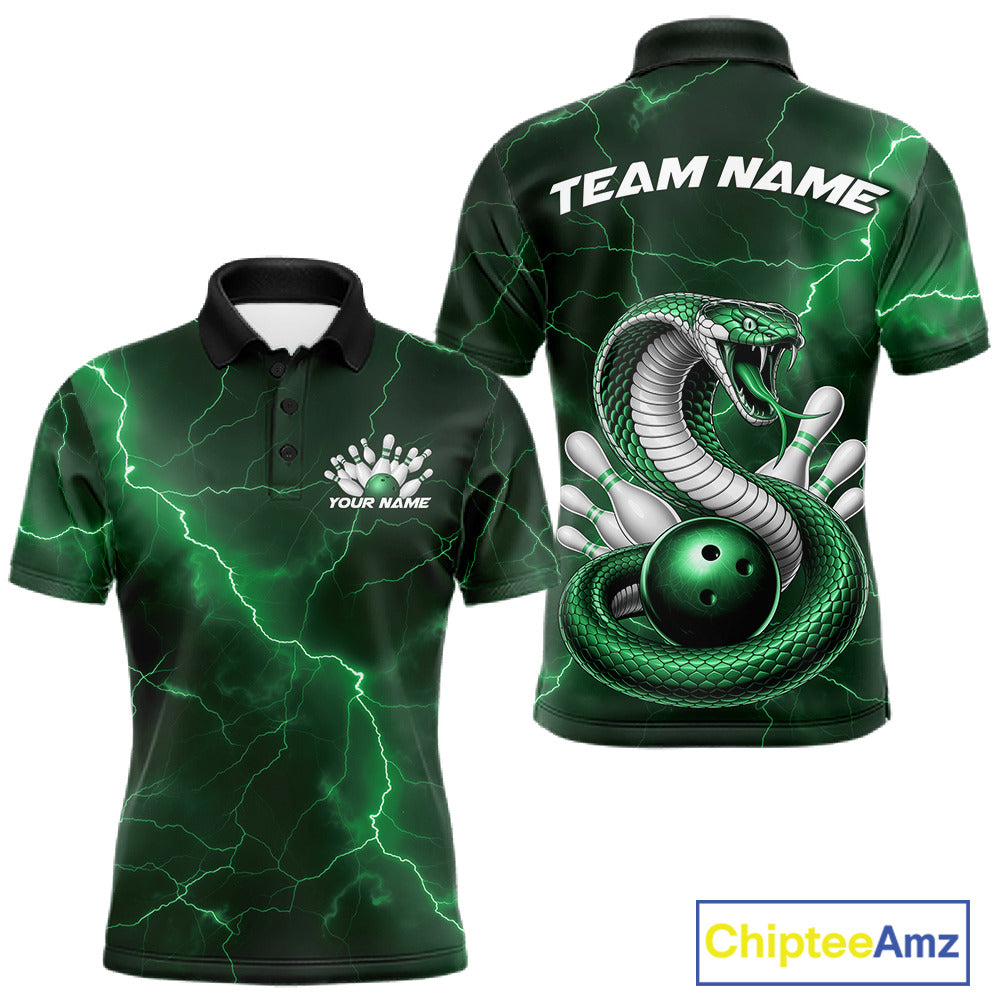 Front and back mens bowling polo featuring a green cobra snake coiled around a bowling ball with scattered pins and lightning fantasy accents.