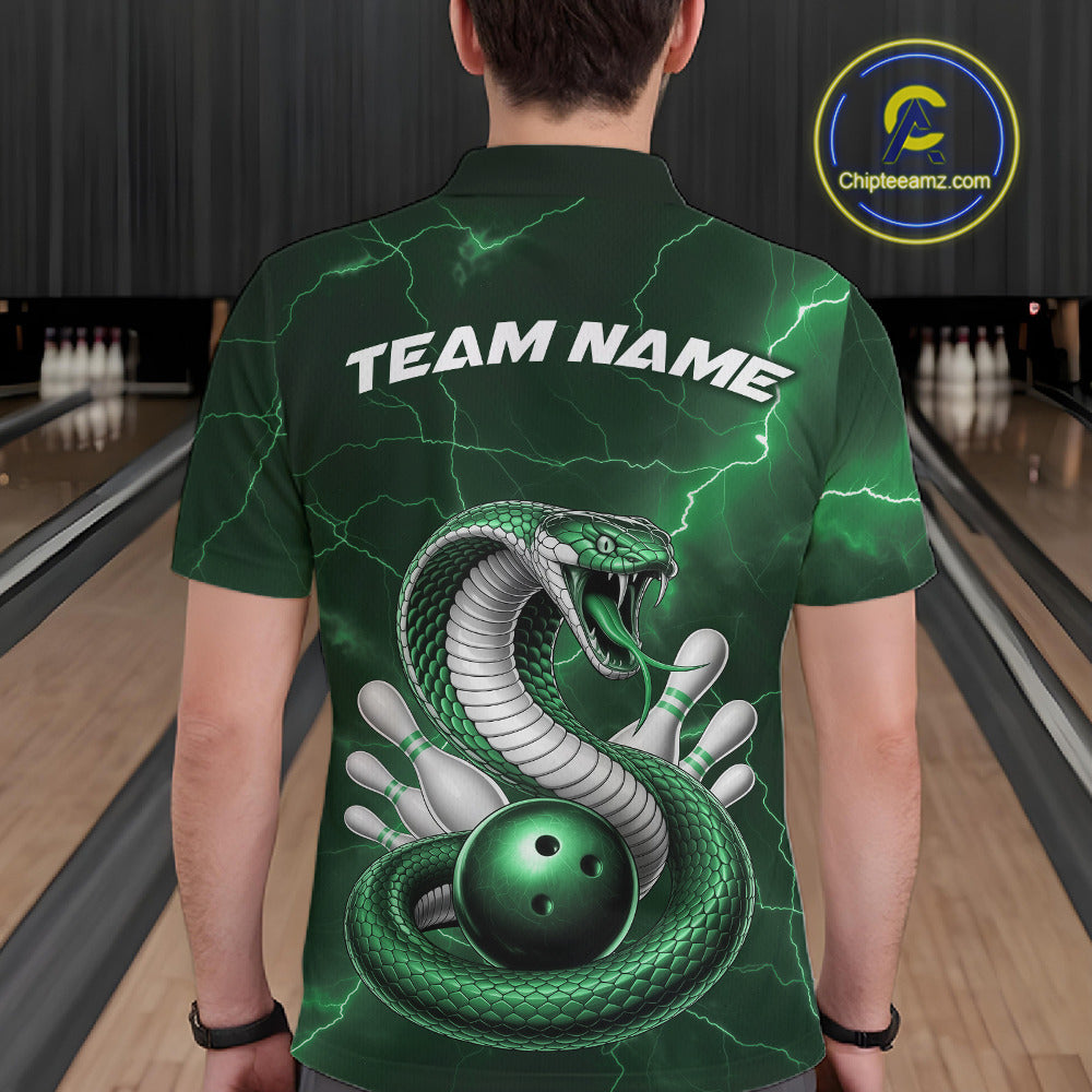 Back view of a mens bowling polo displaying a green cobra, bowling ball, and lightning-inspired pin graphics.