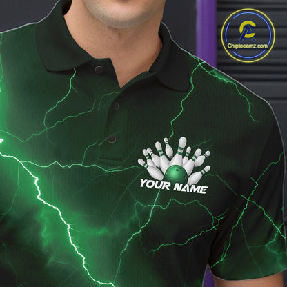 Close-up left chest detail of a bowling polo featuring a green cobra coiled around a bowling ball with scattered pins.