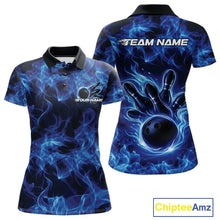 Load image into Gallery viewer, Custom Blue Flame Bowling Women Polo Team Shirt, Bowling Tournament Shirt IPHW11081