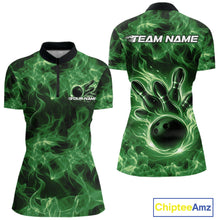 Load image into Gallery viewer, Custom Green Flame Bowling Women Quarter-Zip Team Shirt, Bowling Tournament Shirt IPHW11082