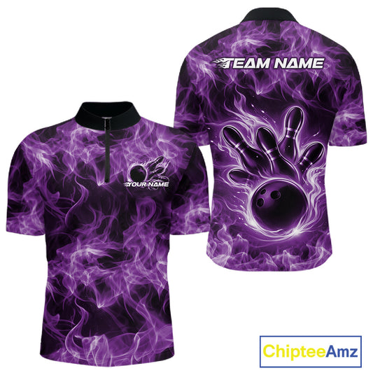 Front and back mens purple bowling quarter-zip featuring a bowling ball surrounded by blazing flame artwork.