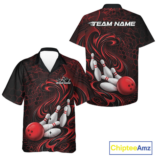 Front and back view of a black and red button-up bowling shirt featuring a tribal flame bowling ball and pins graphic